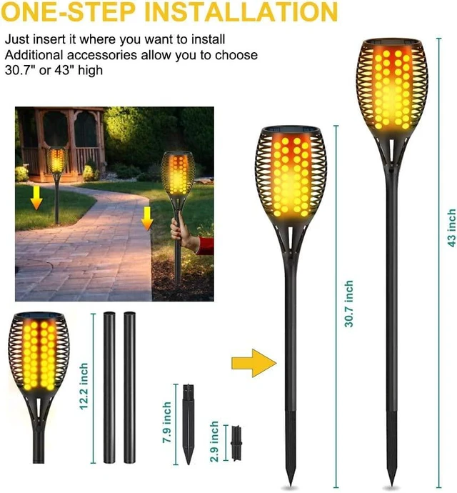 Alt view image 4 of 6 - Solar Torch Lights 43" Flickering Flame Outdoor Waterproof 6 Pack 96 LED Higher & Larger Solar Flame Lights,10-12 Hours Runtime Auto On/Off for Yard Garden and Halloween Decor