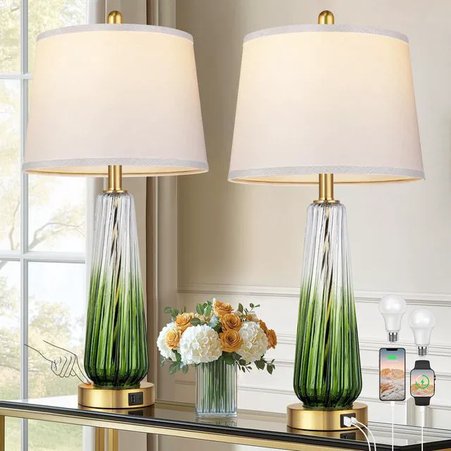 Main image of Modern Glass Table Lamps Set of 2, 27.5" Bedside Lamp for Bedroom, Green 2 LED 3-Way Dimmable Bulb Included, Touch Control, USB A+C Charging Ports, Living Room Nightstand Lamp, Gradient Glass, 2700K