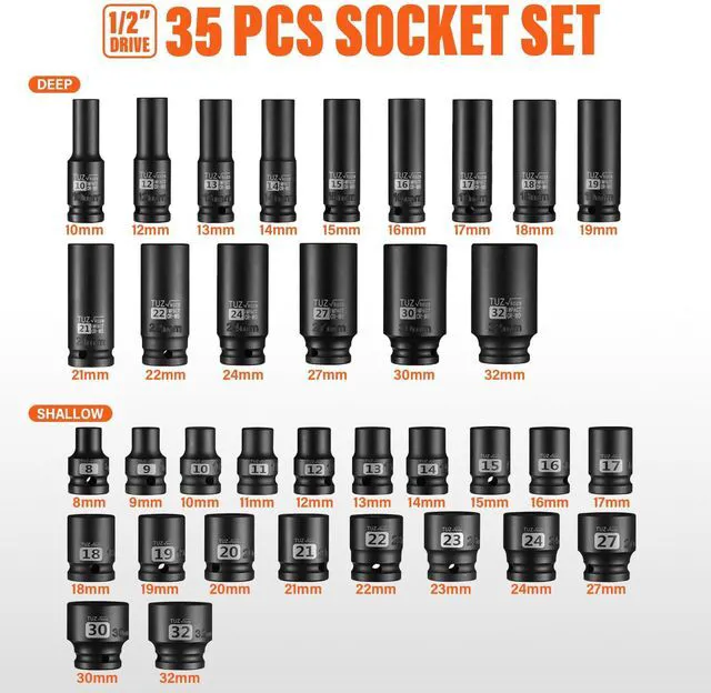 Alt view image 2 of 7 - 1/2" Drive Impact Socket Set, 35 PCS Shallow (8mm-32mm) & Deep (10mm-32mm) Metric, 6 Point, CR-MO Alloy Steel Axle Nut Socket for Auto Repair