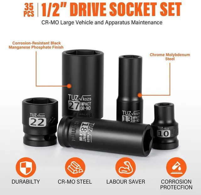 Alt view image 3 of 7 - 1/2" Drive Impact Socket Set, 35 PCS Shallow (8mm-32mm) & Deep (10mm-32mm) Metric, 6 Point, CR-MO Alloy Steel Axle Nut Socket for Auto Repair