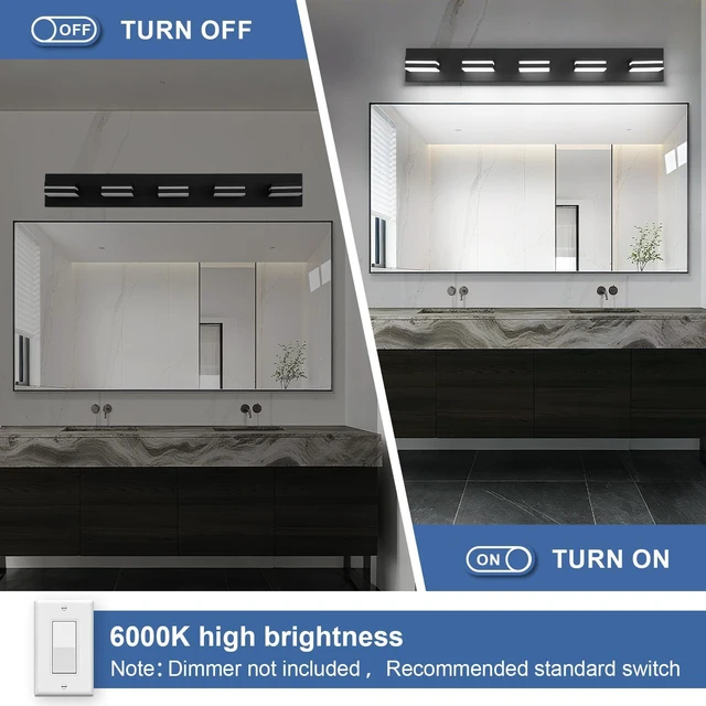Alt view image 3 of 7 - Modern LED Small Black Acrylic Bathroom Lights Fixtures 5-Light Wall Lighting,Vanity Lights for Bathroom Over Mirror 6000K 350°RotateNo Assembly Required