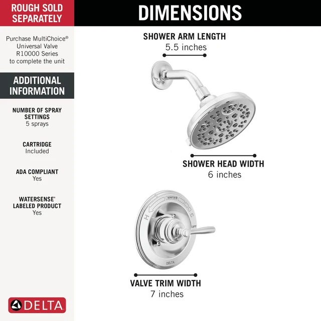 Alt view image 3 of 7 - Roe 14 Series 5-Setting Shower Faucet Set, Chrome Shower Head and Handle Set, Valve Trim Kit, Chrome T142985 (Valve Not Included)