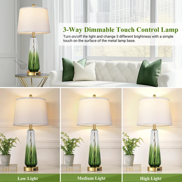 Alt view image 2 of 6 - Modern Glass Table Lamps Set of 2, 27.5" Bedside Lamp for Bedroom, Green 2 LED 3-Way Dimmable Bulb Included, Touch Control, USB A+C Charging Ports, Living Room Nightstand Lamp, Gradient Glass, 2700K