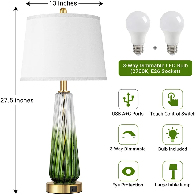 Alt view image 4 of 6 - Modern Glass Table Lamps Set of 2, 27.5" Bedside Lamp for Bedroom, Green 2 LED 3-Way Dimmable Bulb Included, Touch Control, USB A+C Charging Ports, Living Room Nightstand Lamp, Gradient Glass, 2700K
