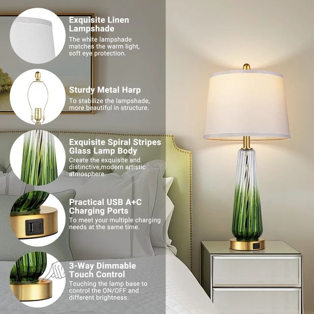 Alt view image 3 of 6 - Modern Glass Table Lamps Set of 2, 27.5" Bedside Lamp for Bedroom, Green 2 LED 3-Way Dimmable Bulb Included, Touch Control, USB A+C Charging Ports, Living Room Nightstand Lamp, Gradient Glass, 2700K