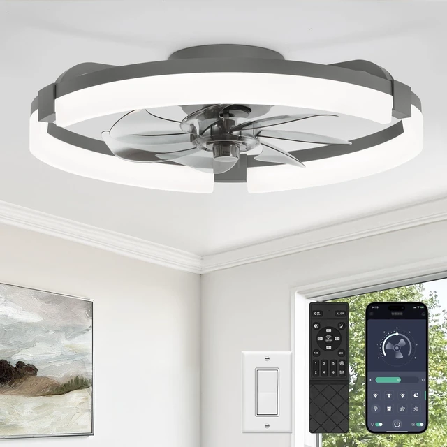 Main image of 20" Ceiling Fans with Lights, Low Profile Fandelier for Bedroom Flush Mount Fan Light, Stepless Dimmable, App/Remote Control, 3 CCT Led, 6 Speeds, Quiet Reversible DC Motor, Grey