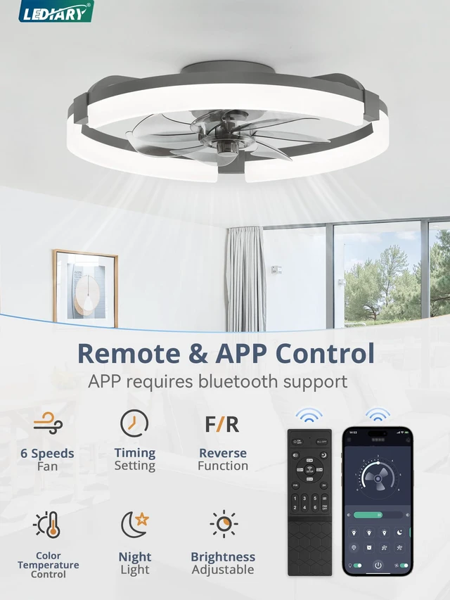 Alt view image 2 of 7 - 20" Ceiling Fans with Lights, Low Profile Fandelier for Bedroom Flush Mount Fan Light, Stepless Dimmable, App/Remote Control, 3 CCT Led, 6 Speeds, Quiet Reversible DC Motor, Grey
