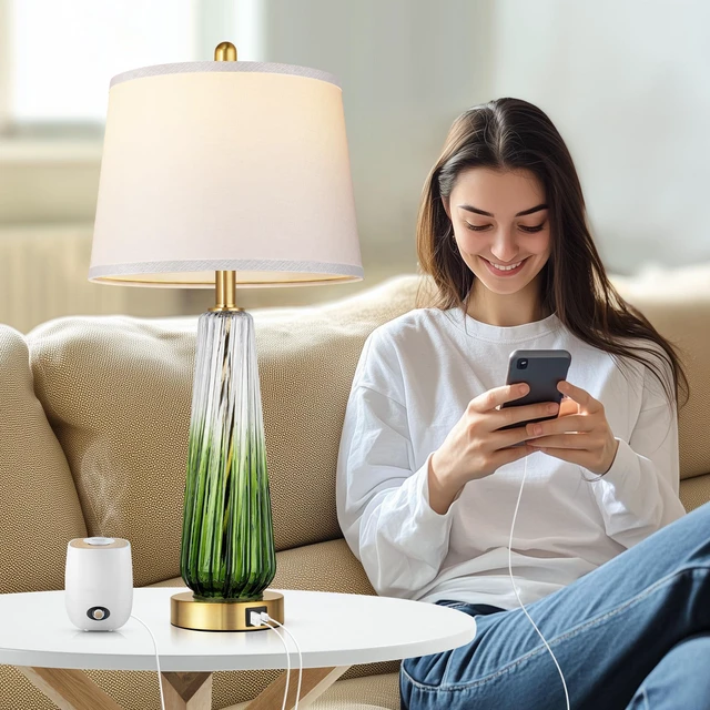 Alt view image 5 of 6 - Modern Glass Table Lamps Set of 2, 27.5" Bedside Lamp for Bedroom, Green 2 LED 3-Way Dimmable Bulb Included, Touch Control, USB A+C Charging Ports, Living Room Nightstand Lamp, Gradient Glass, 2700K