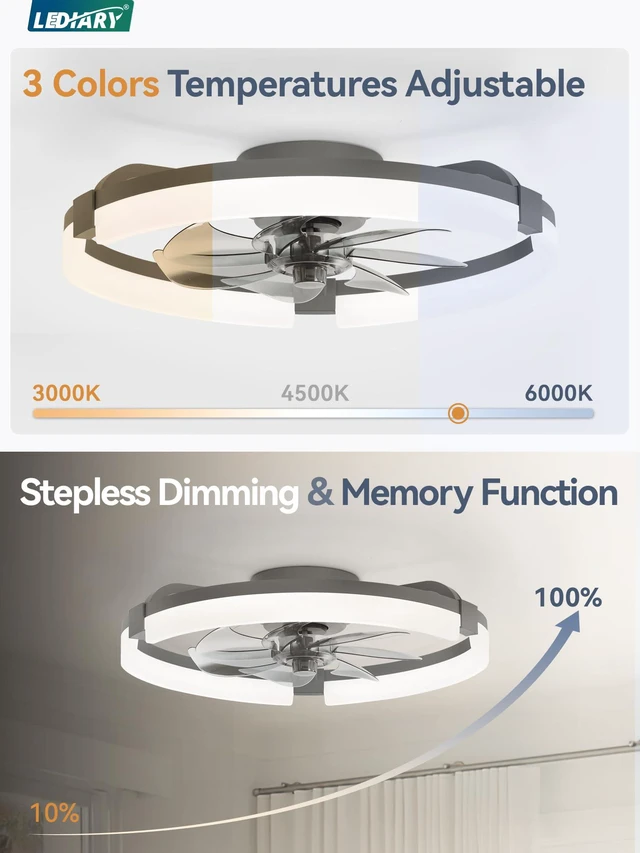 Alt view image 4 of 7 - 20" Ceiling Fans with Lights, Low Profile Fandelier for Bedroom Flush Mount Fan Light, Stepless Dimmable, App/Remote Control, 3 CCT Led, 6 Speeds, Quiet Reversible DC Motor, Grey