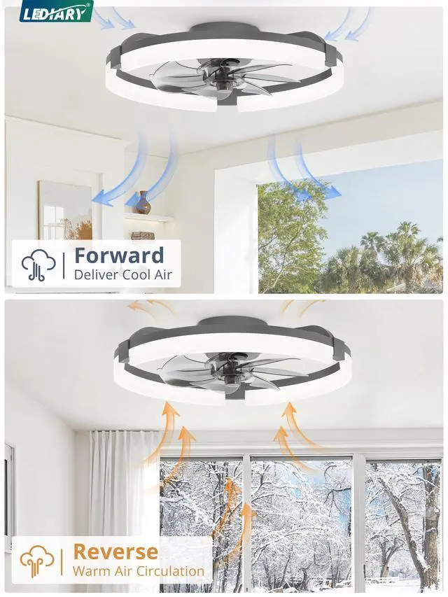 Alt view image 5 of 7 - 20" Ceiling Fans with Lights, Low Profile Fandelier for Bedroom Flush Mount Fan Light, Stepless Dimmable, App/Remote Control, 3 CCT Led, 6 Speeds, Quiet Reversible DC Motor, Grey