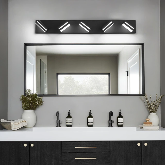Alt view image 6 of 7 - Modern LED Small Black Acrylic Bathroom Lights Fixtures 5-Light Wall Lighting,Vanity Lights for Bathroom Over Mirror 6000K 350°RotateNo Assembly Required
