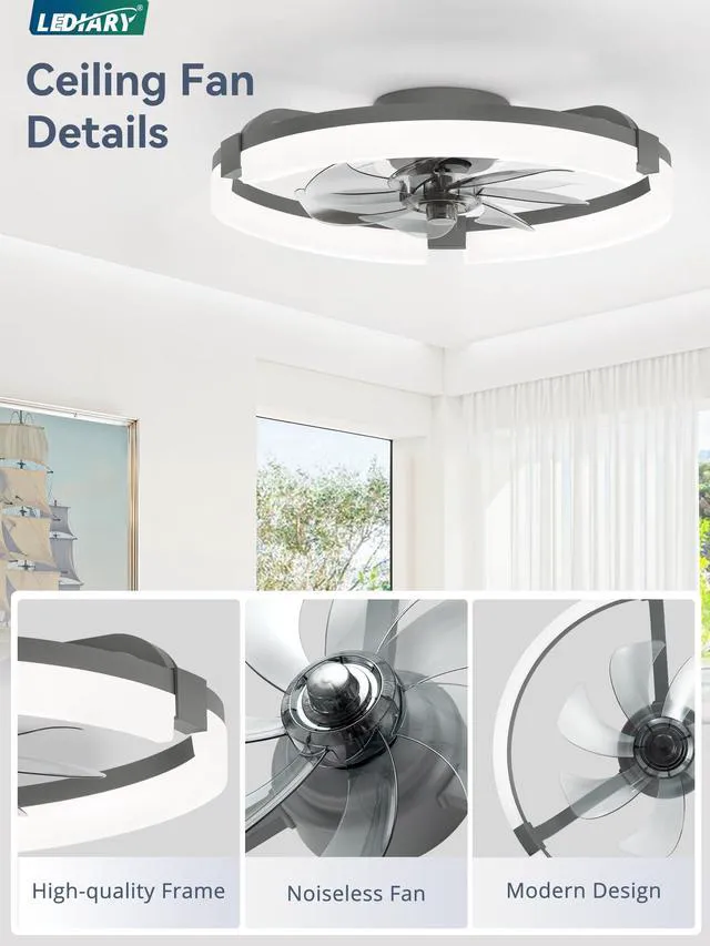 Alt view image 6 of 7 - 20" Ceiling Fans with Lights, Low Profile Fandelier for Bedroom Flush Mount Fan Light, Stepless Dimmable, App/Remote Control, 3 CCT Led, 6 Speeds, Quiet Reversible DC Motor, Grey