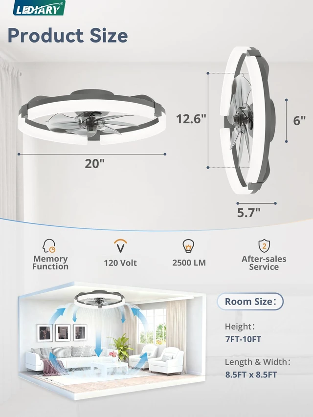 Alt view image 7 of 7 - 20" Ceiling Fans with Lights, Low Profile Fandelier for Bedroom Flush Mount Fan Light, Stepless Dimmable, App/Remote Control, 3 CCT Led, 6 Speeds, Quiet Reversible DC Motor, Grey