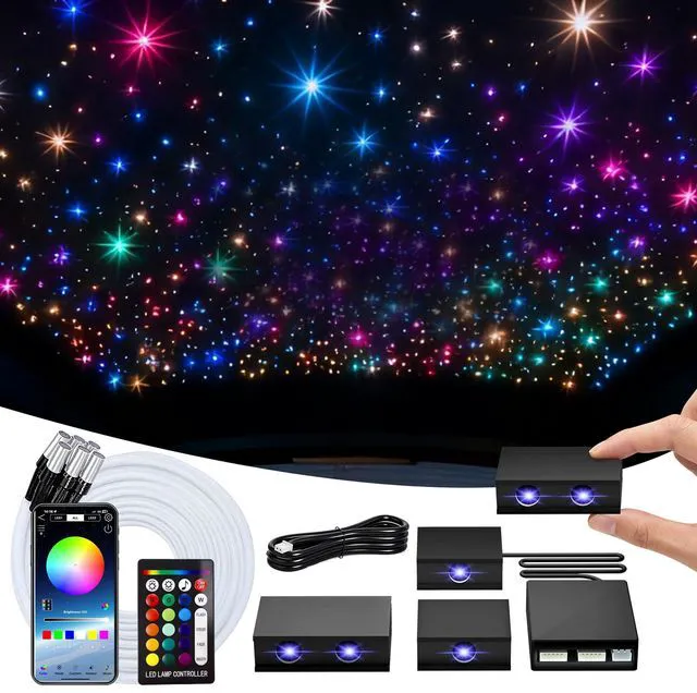Main image of Split Starlight Headliner Kit - 1200pcs 0.02in 4.9ft Fiber Optic RGBW Star Lights for Car with 6 Light Heads 16W Engine Easy to Hide,Flexible Wiring,APP/Remote Control for Car Roof Ceiling