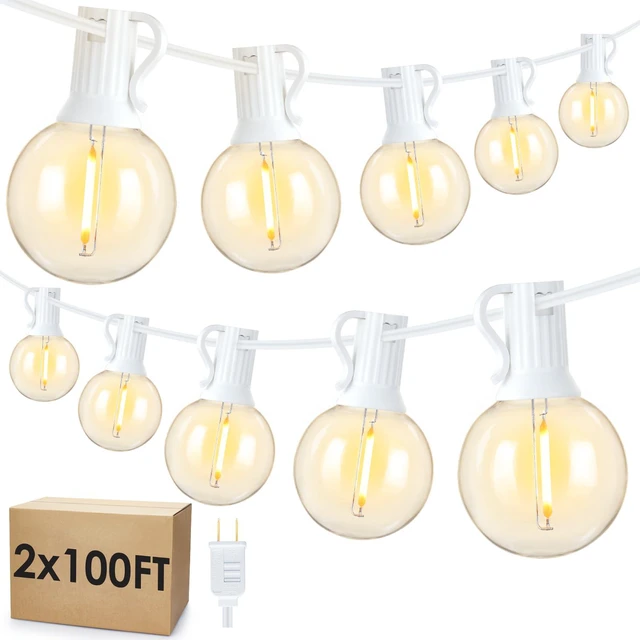 Main image of 200Ft(2x100Ft) LED Outdoor String Lights, Dimmable G40 Globe Patio Lights with 100+5 2700K Waterproof Bulbs for Balcony-White Cord 2 Pack
