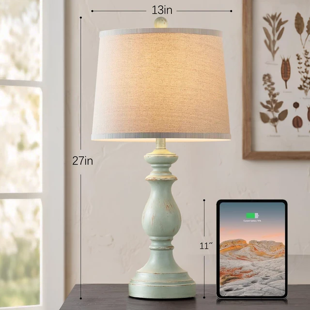Alt view image 3 of 7 - Traditional Table Lamp Set of 2, Rustic Farmhouse Table Lamps for Living Room Bedroom, 27" Bedside Desk Lamps Vintage Nightstand Lamps with Linen Shades, Light Green
