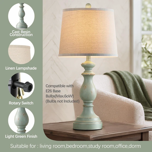 Alt view image 4 of 7 - Traditional Table Lamp Set of 2, Rustic Farmhouse Table Lamps for Living Room Bedroom, 27" Bedside Desk Lamps Vintage Nightstand Lamps with Linen Shades, Light Green