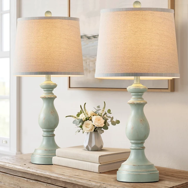 Alt view image 2 of 7 - Traditional Table Lamp Set of 2, Rustic Farmhouse Table Lamps for Living Room Bedroom, 27" Bedside Desk Lamps Vintage Nightstand Lamps with Linen Shades, Light Green