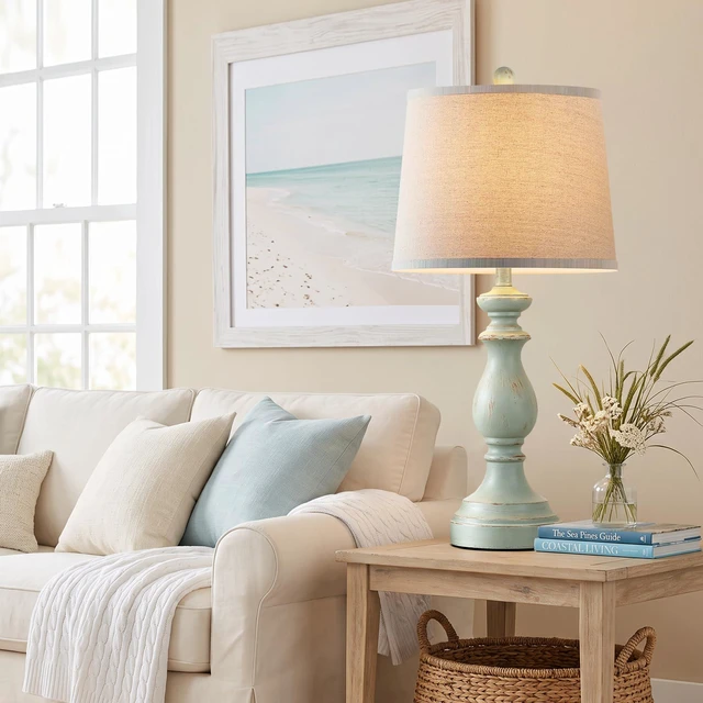 Alt view image 5 of 7 - Traditional Table Lamp Set of 2, Rustic Farmhouse Table Lamps for Living Room Bedroom, 27" Bedside Desk Lamps Vintage Nightstand Lamps with Linen Shades, Light Green