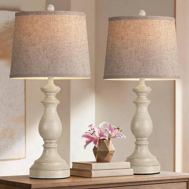 Main image of Traditional Table Lamp Set of 2, Rustic Farmhouse Table Lamps for Living Room Bedroom, 27" Bedside Desk Lamps Vintage Nightstand Lamps with Linen Shades, Antique White