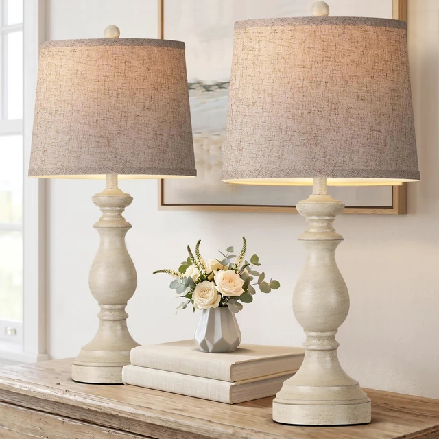 Alt view image 2 of 7 - Traditional Table Lamp Set of 2, Rustic Farmhouse Table Lamps for Living Room Bedroom, 27" Bedside Desk Lamps Vintage Nightstand Lamps with Linen Shades, Antique White