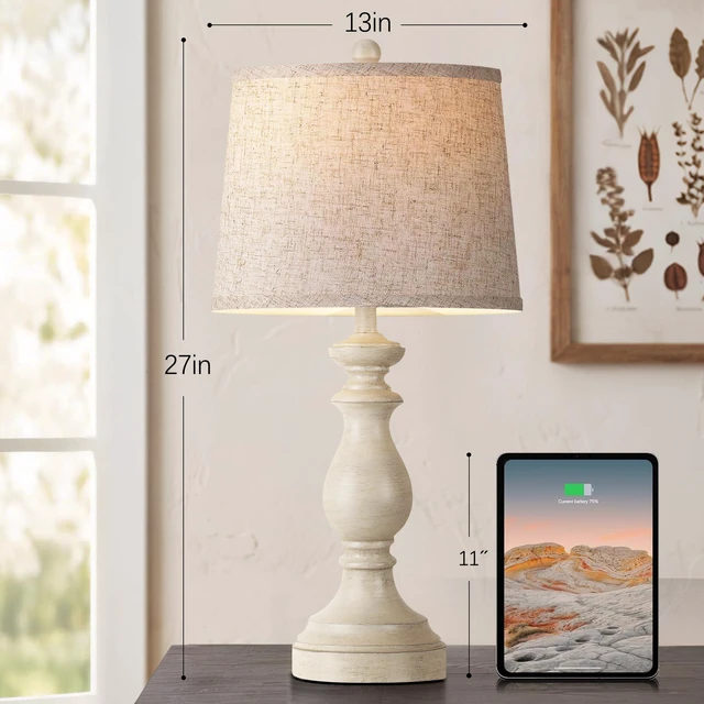 Alt view image 3 of 7 - Traditional Table Lamp Set of 2, Rustic Farmhouse Table Lamps for Living Room Bedroom, 27" Bedside Desk Lamps Vintage Nightstand Lamps with Linen Shades, Antique White