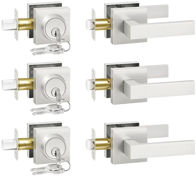 Main image of Front Door Lock Set with Deadbolt, Exterior Door Handle with Single Cylinder Deadbolt Lock, Flat Square Passage Brushed Nickel Door Locks for Front Door, 3 Pack (All Same Keyed Alike)