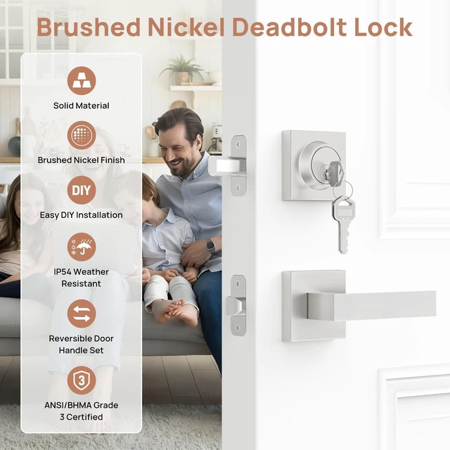 Alt view image 2 of 7 - Front Door Lock Set with Deadbolt, Exterior Door Handle with Single Cylinder Deadbolt Lock, Flat Square Passage Brushed Nickel Door Locks for Front Door, 3 Pack (All Same Keyed Alike)
