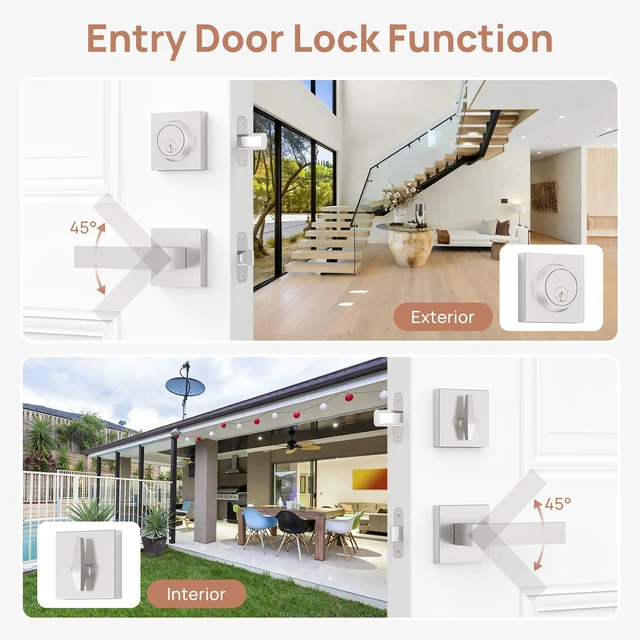 Alt view image 3 of 7 - Front Door Lock Set with Deadbolt, Exterior Door Handle with Single Cylinder Deadbolt Lock, Flat Square Passage Brushed Nickel Door Locks for Front Door, 3 Pack (All Same Keyed Alike)