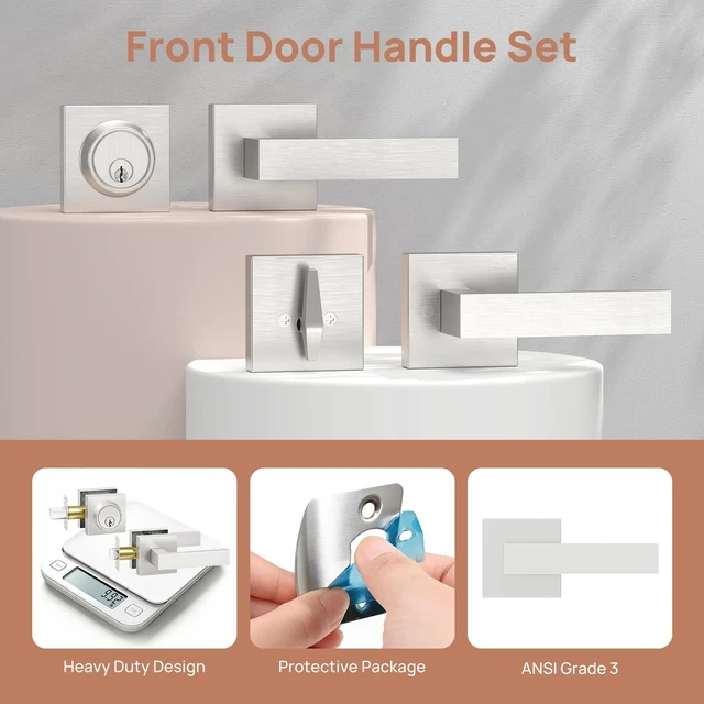 Alt view image 4 of 7 - Front Door Lock Set with Deadbolt, Exterior Door Handle with Single Cylinder Deadbolt Lock, Flat Square Passage Brushed Nickel Door Locks for Front Door, 3 Pack (All Same Keyed Alike)