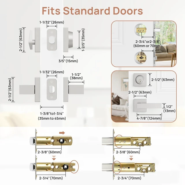 Alt view image 5 of 7 - Front Door Lock Set with Deadbolt, Exterior Door Handle with Single Cylinder Deadbolt Lock, Flat Square Passage Brushed Nickel Door Locks for Front Door, 3 Pack (All Same Keyed Alike)