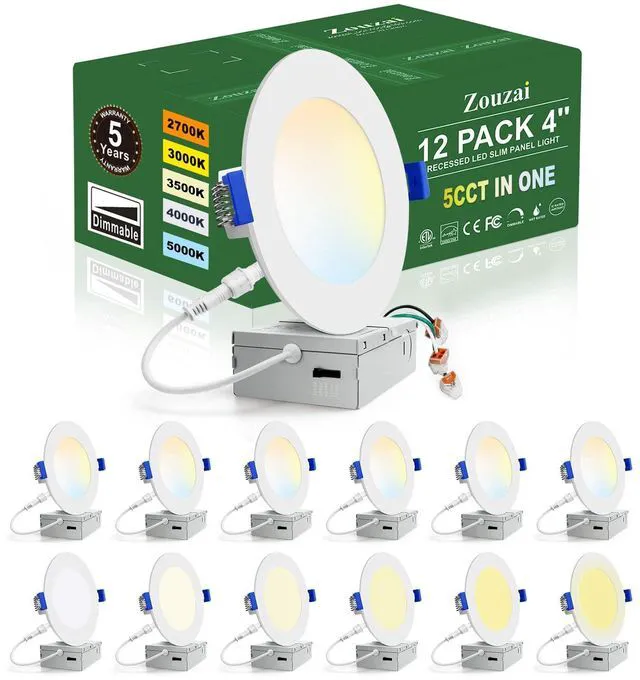 Main image of 12 Pack 4 Inch LED Recessed Ceiling Light, 9W=60W, 5CCT, Dimmable 810LM, Ultra-Thin, 2700K/3000K/3500K/4000K/5000K Selectable, Canless Downlight, White, IC Rated, ETL&Energy Star Certified