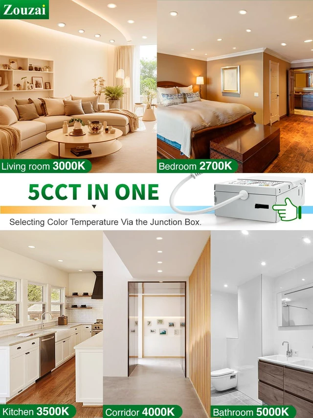 Alt view image 2 of 7 - 12 Pack 4 Inch LED Recessed Ceiling Light, 9W=60W, 5CCT, Dimmable 810LM, Ultra-Thin, 2700K/3000K/3500K/4000K/5000K Selectable, Canless Downlight, White, IC Rated, ETL&Energy Star Certified