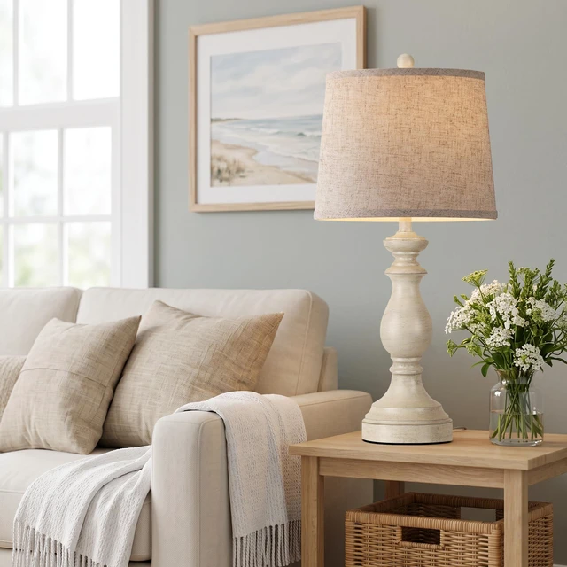 Alt view image 5 of 7 - Traditional Table Lamp Set of 2, Rustic Farmhouse Table Lamps for Living Room Bedroom, 27" Bedside Desk Lamps Vintage Nightstand Lamps with Linen Shades, Antique White
