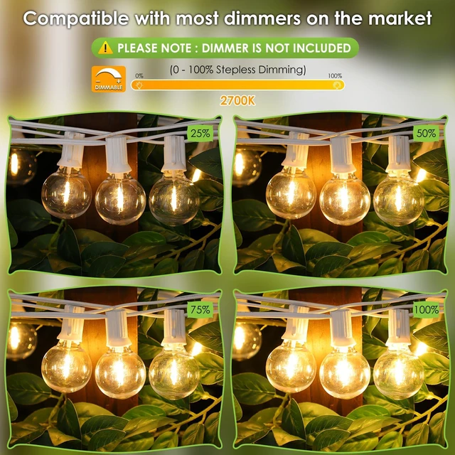 Alt view image 3 of 7 - 200Ft(2x100Ft) LED Outdoor String Lights, Dimmable G40 Globe Patio Lights with 100+5 2700K Waterproof Bulbs for Balcony-White Cord 2 Pack