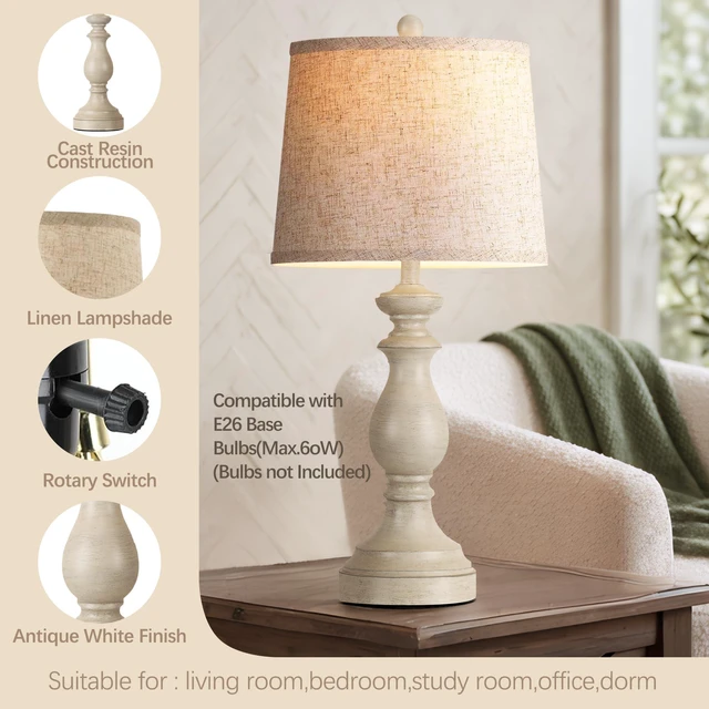 Alt view image 4 of 7 - Traditional Table Lamp Set of 2, Rustic Farmhouse Table Lamps for Living Room Bedroom, 27" Bedside Desk Lamps Vintage Nightstand Lamps with Linen Shades, Antique White