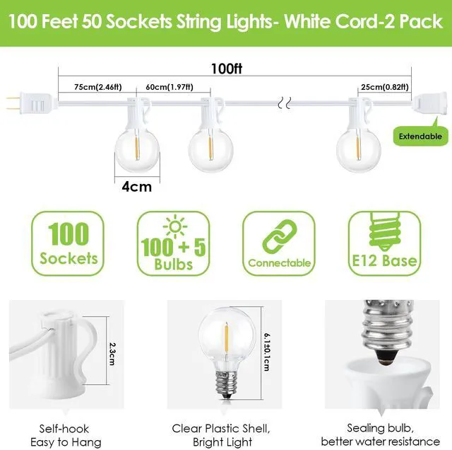 Alt view image 4 of 7 - 200Ft(2x100Ft) LED Outdoor String Lights, Dimmable G40 Globe Patio Lights with 100+5 2700K Waterproof Bulbs for Balcony-White Cord 2 Pack