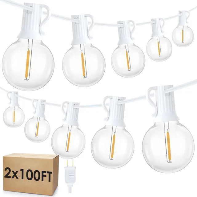 Alt view image 7 of 7 - 200Ft(2x100Ft) LED Outdoor String Lights, Dimmable G40 Globe Patio Lights with 100+5 2700K Waterproof Bulbs for Balcony-White Cord 2 Pack