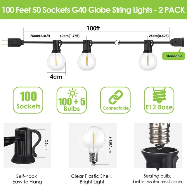 Alt view image 4 of 7 - 200Ft(2x100Ft) LED Outdoor String Lights Waterproof Dimmable G40 Globe Patio Lights with 100+5 Bulbs for Balcony Gazebo Pergola-Black Cord
