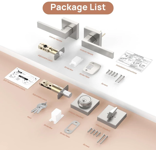 Alt view image 6 of 7 - Front Door Lock Set with Deadbolt, Exterior Door Handle with Single Cylinder Deadbolt Lock, Flat Square Passage Brushed Nickel Door Locks for Front Door, 3 Pack (All Same Keyed Alike)