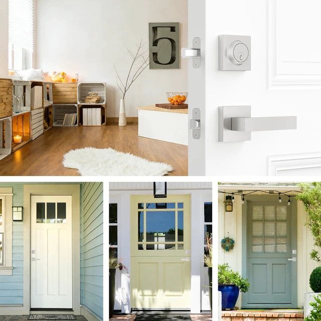 Alt view image 7 of 7 - Front Door Lock Set with Deadbolt, Exterior Door Handle with Single Cylinder Deadbolt Lock, Flat Square Passage Brushed Nickel Door Locks for Front Door, 3 Pack (All Same Keyed Alike)