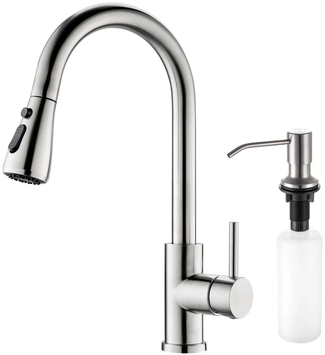 Main image of Kitchen Sink Faucet with Soap Dispenser, 3 Modes Kitchen Faucet with Pull Down Sprayer and Soap Dispenser, 304 Stainless Brushed Nickel Single Handle Kitchen Bar Faucets with Water Lines