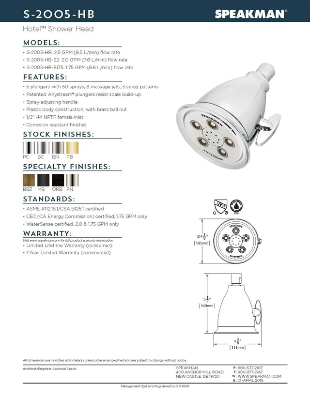 Alt view image 7 of 7 - Brushed Nickel S-2005-HB-BN-E2 Hotel Anystream Multi-Function 2.0 GPM Adjustable Shower Head