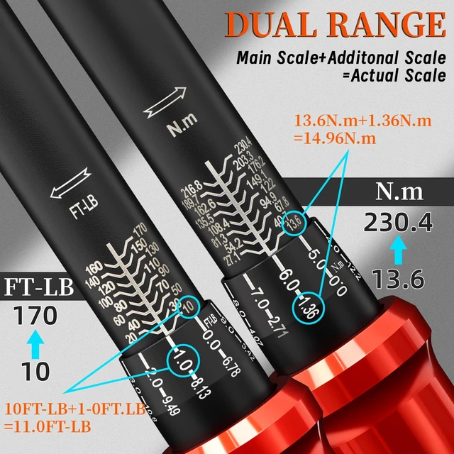 Alt view image 2 of 7 - 9PCS Torque Wrench Set 1/4" 3/8" 1/2" Drive 20240 in.lb 550&10170 ft.lb Click Torque Wrench 72-Tooth Dual-Range ±3% Precision Adjustable Torque Wrenches for Bike, Moto, Car Repair and Maint