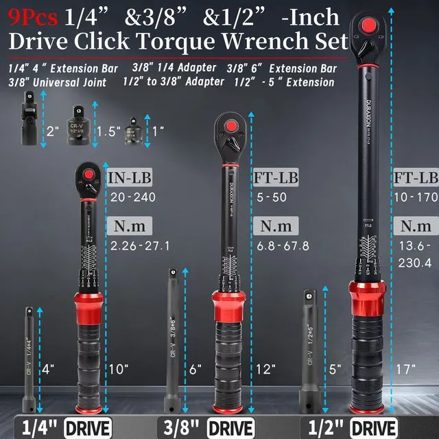 Alt view image 3 of 7 - 9PCS Torque Wrench Set 1/4" 3/8" 1/2" Drive 20240 in.lb 550&10170 ft.lb Click Torque Wrench 72-Tooth Dual-Range ±3% Precision Adjustable Torque Wrenches for Bike, Moto, Car Repair and Maint