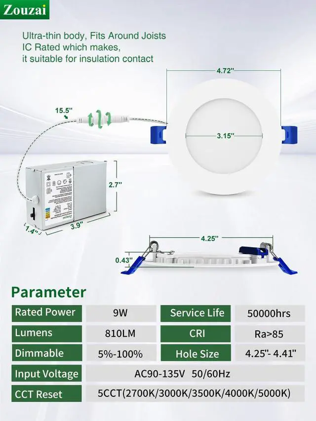 Alt view image 4 of 7 - 12 Pack 4 Inch LED Recessed Ceiling Light, 9W=60W, 5CCT, Dimmable 810LM, Ultra-Thin, 2700K/3000K/3500K/4000K/5000K Selectable, Canless Downlight, White, IC Rated, ETL&Energy Star Certified