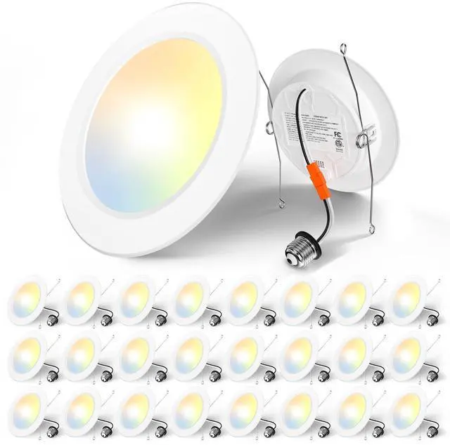 Main image of Recessed Lighting 5/6 Inch, 24 Pack 5CCT Flat LED Can Lights, White Flat Trim, 12W=110W, 1050LM, 2700K/3000K/4000K/5000K/6000K Selectable, Dimmable, Easy Install, IC & Damp Rated, ETL & FCC