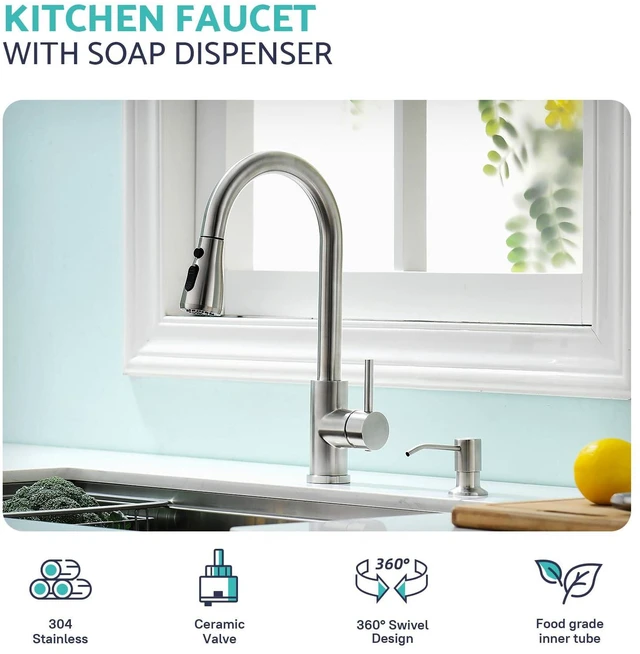 Alt view image 3 of 7 - Kitchen Sink Faucet with Soap Dispenser, 3 Modes Kitchen Faucet with Pull Down Sprayer and Soap Dispenser, 304 Stainless Brushed Nickel Single Handle Kitchen Bar Faucets with Water Lines