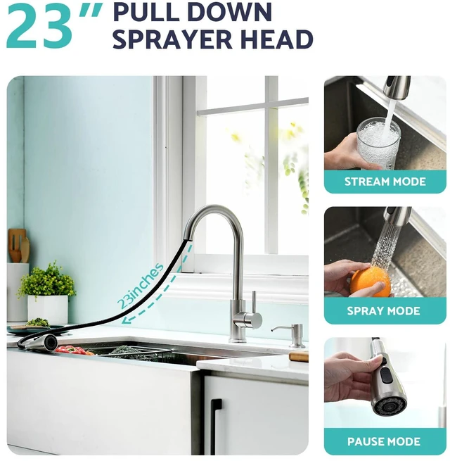 Alt view image 2 of 7 - Kitchen Sink Faucet with Soap Dispenser, 3 Modes Kitchen Faucet with Pull Down Sprayer and Soap Dispenser, 304 Stainless Brushed Nickel Single Handle Kitchen Bar Faucets with Water Lines