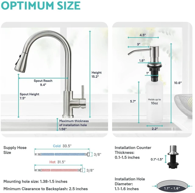 Alt view image 4 of 7 - Kitchen Sink Faucet with Soap Dispenser, 3 Modes Kitchen Faucet with Pull Down Sprayer and Soap Dispenser, 304 Stainless Brushed Nickel Single Handle Kitchen Bar Faucets with Water Lines